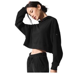 ALO Yoga Muse Cropped Hoodie Long Sleeve Ribbed Pullover Womens Large Black